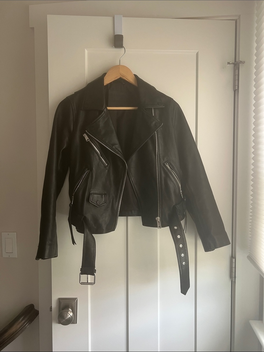 All Saints Black Leather Moto Jacket with Belted Waist